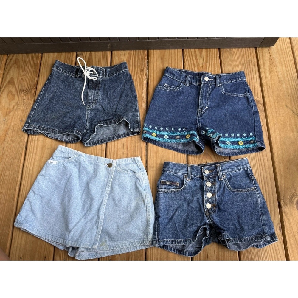 Lot Of 4 Vintage Lei 90s Chic Kids Denim Shorts  Skort Girls 8 Tie Embroidered